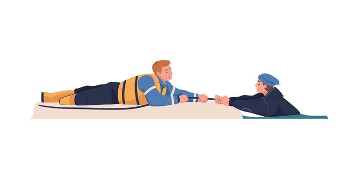 Man Character Pulling Rope with Guy from Water as Rescue and Life Saving Emergency Operation Illustration vector