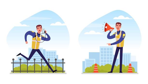 Man Road Police Officer Running and Announcing Something in Megaphone Scene Set vector