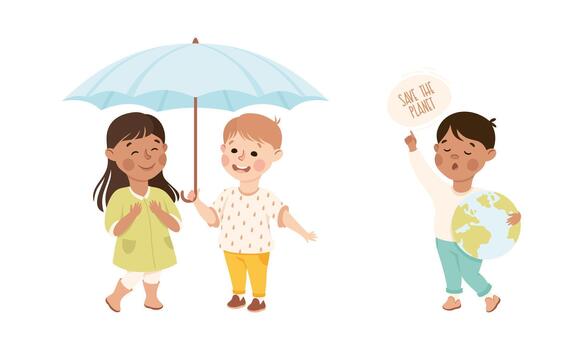 Kind Little Boy Sharing Umbrella with Girl and with Globe Saving Planet Set vector