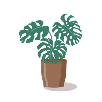 Stylish flat-design monstera in a modern geometric pot. Bold tropical leaves with clean lines and sharp contours. Perfect for interiors, branding, or botanical projects. vector