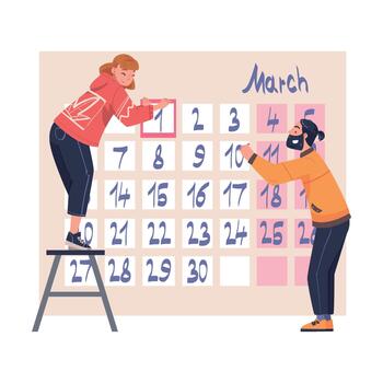 Couple updating March calendar together vector