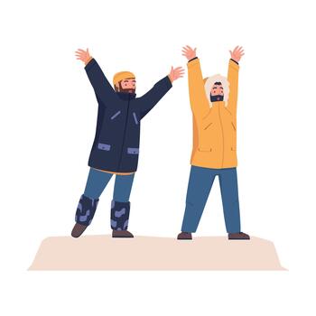 Man Tourists in Warm Clothes Standing with Raised Hands Shouting Sending SOS Signal Illustration vector