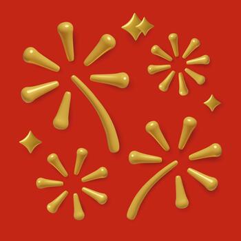 Golden fireworks exploding 3D clip art element set on red background vector