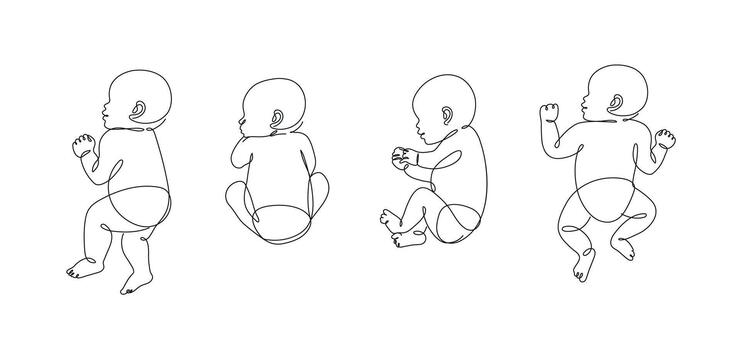 Newborn silhouette in a diaper in different poses collection drawing in linear art style on white background vector