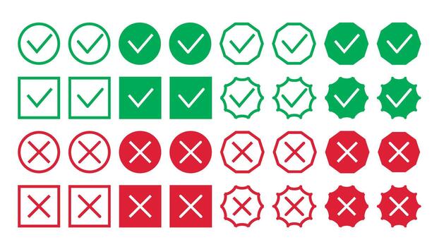 Set of cross and checkmark icons for voting or answer selection vector