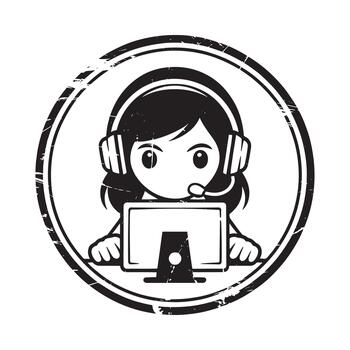 Cartoon operator wearing headphones and working at a computer vector