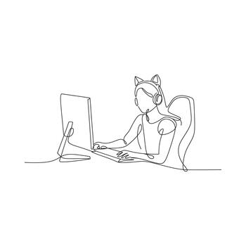 Line drawing of a person working on a computer vector