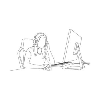 Sketch of a person working on a computer at a desk vector
