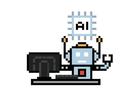 Cute machine learning business robot ai robotic engineer art 8 bit digital. vector