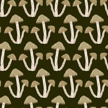Seamless nature-themed pattern with toadstools on a dark background. hand-drawn illustration in a flat style. Ideal for wallpaper, wrapping paper, textiles. Botanical print with mushrooms. vector
