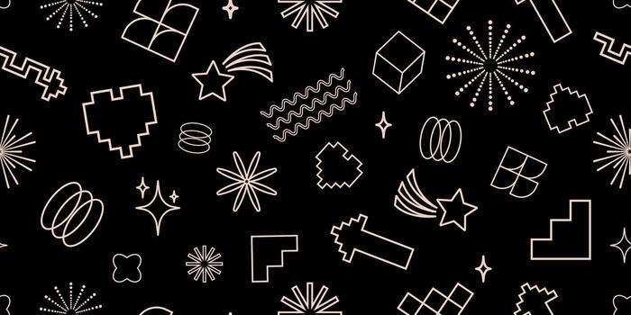 Seamless abstract pattern with beige geometric line art icons on black background,for tech backgrounds, digital artwork, wrapping paper, website design, futuristic branding,textile prints. vector