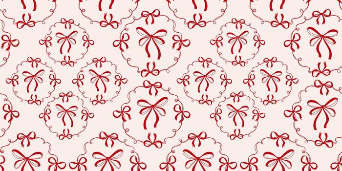 Seamless pattern of hand drawn black ribbon bows and round frames on light background, perfect for wrapping paper, textile design vector
