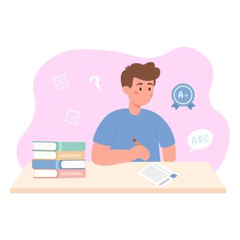 Student studying for exam with books and test sheet. School learning concept. Educational preparation. vector