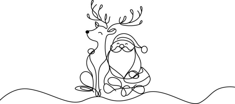 Minimal one-line Santa with reindeer. Simple continuous line art for Christmas designs. vector
