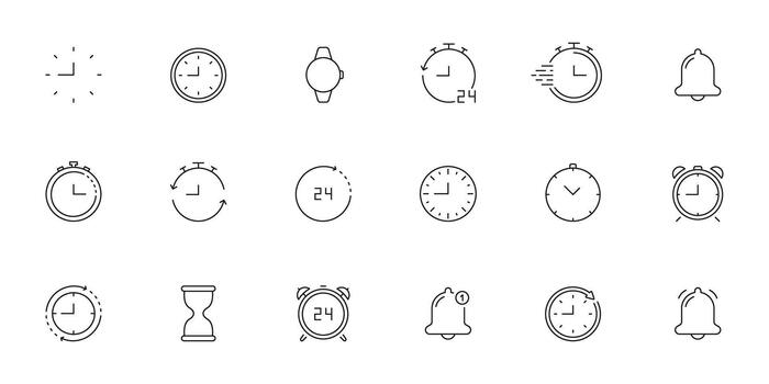 Clock And Timer Line Icon Set. Time Management, Alarm, And Stopwatch Outline Symbol Collection. Includes Hourglass, Bell, And 24-Hour Cycle. Editable Stroke. Isolated Illustration vector