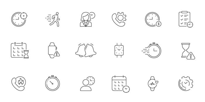 Time Management And Productivity Line Icon Set. Efficient Scheduling, Task Planning, And Deadline Tracking Outline Symbol Collection. Editable Stroke. Isolated Illustration vector