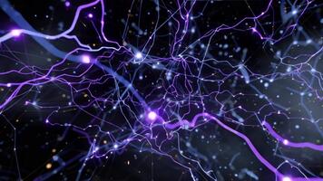 astratto neurale Rete visualizzazione con elettrico blu e viola vortici, che rappresentano dati flusso e connettività video