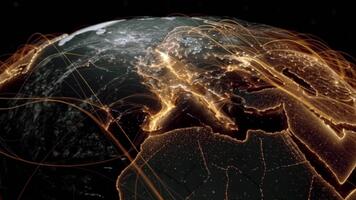 digital strömmar av information strömma tvärs över en hyperkopplad planet jorden, illustrerar global nätverk teknologi från Plats video