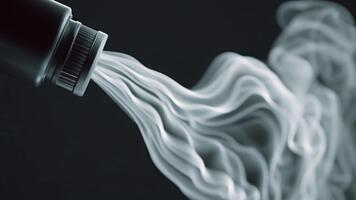 Abstract visualization of fine white powder being poured from a dark container against a black background, creating elegant swirling patterns video