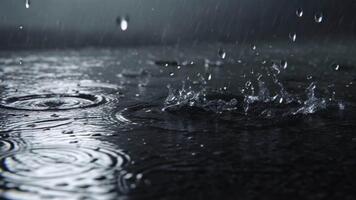 en dynamisk närbild fångar de fascinerande stänk och krusningar av regn faller på en mörk, våt yta, frammanande en känsla av lugn video
