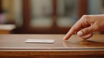 Close-up shot of a hand reaching toward a small rectangular object on a wooden surface video