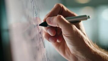 dynamisch menselijk hand- wisselwerking met Geavanceerd digitaal scherm creëren ingewikkeld ontwerpen, reflecterend modern innovatie en intellectueel verloving in een technologisch werkruimte video