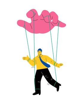 Puppeteer Hand Controlling Puppet. Business man being controlled by big hand. Mind controlled. Flat illustration isolated on white background vector