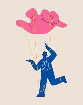 titiritero mano controlador marioneta. hombre siendo revisado por grande mano. mente revisado. vistoso ilustración vector