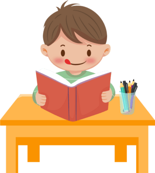 alegre Garoto absorta dentro lendo uma livro de histórias às dele mesa, pronto para aprender Mais png