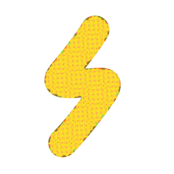 Abstract yellow lightning bolt symbol with a retro red polka dot pattern and colorful border. Isolated graphic design element representing energy, power, and speed png