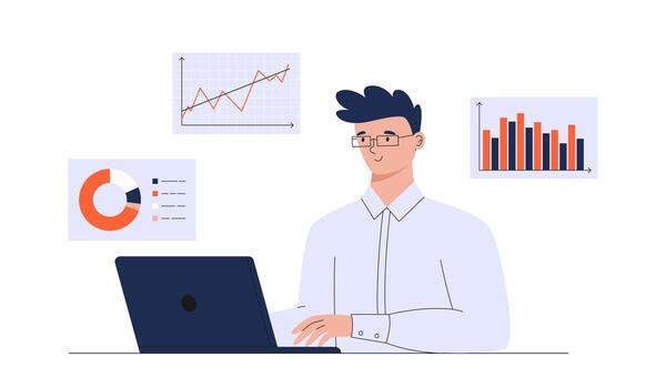 Man Work at Laptop in Office with Different Statistical Charts vector