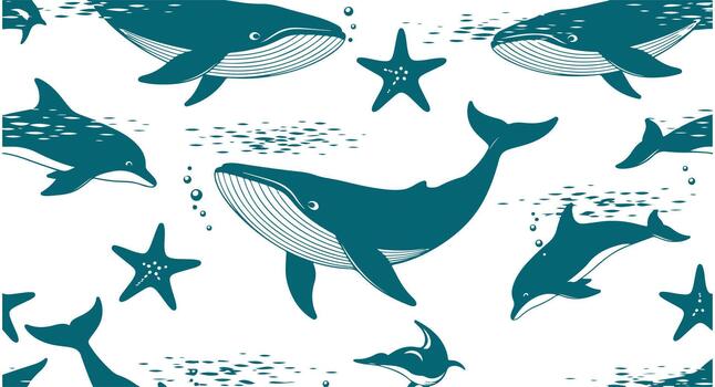 A continuous pattern showcasing one color of whale, starfish, and dolphin on a white background. Underwater sea life. Perfect for printing, textiles, fabric, and wrapping paper. vector