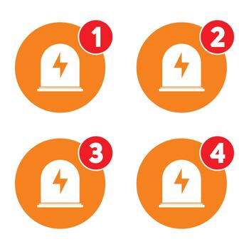 Numbered orange icons, white emergency sirens with lightning bolts, signify crucial system notifications, security warnings, error messages, urgent digital alerts for web app interfaces. vector
