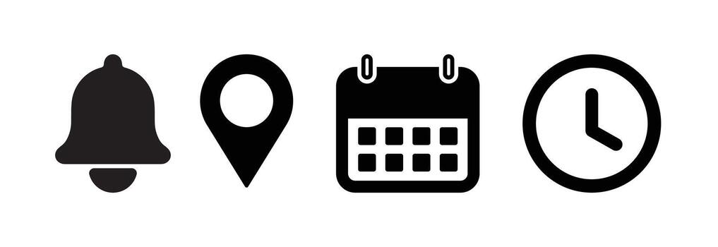 Essential web and mobile application interface icons set featuring a notification bell, map location pin, detailed calendar, and precise clock symbol, ideal for digital design projects. vector