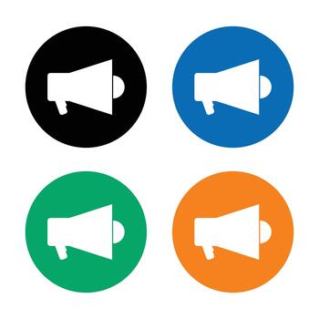 Four colorful megaphone icons with white megaphone symbols on circular backgrounds, representing announcement, broadcast, marketing, and communication concepts in a flat, modern design. vector