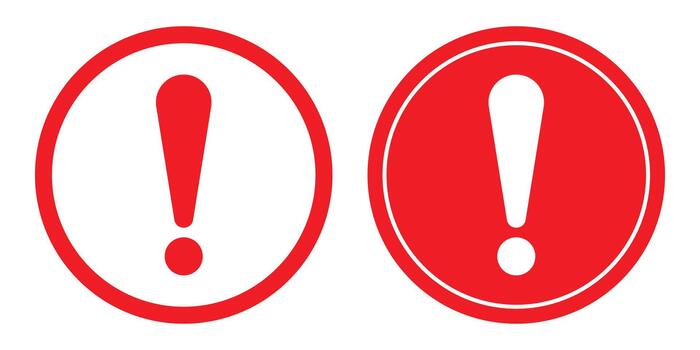 Warning exclamation mark symbols in red circles signifying danger, alert, caution, and important information on a clean white background for user interface design vector