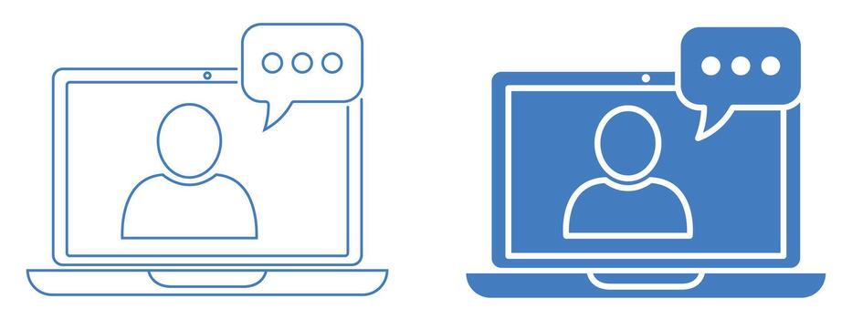 en línea virtual conferencia icono con un ordenador portátil mostrando un usuario perfil avatar y un charla burbuja, simbolizando remoto comunicación, llamadas, aprendizaje electrónico, o digital apoyo servicios. vector