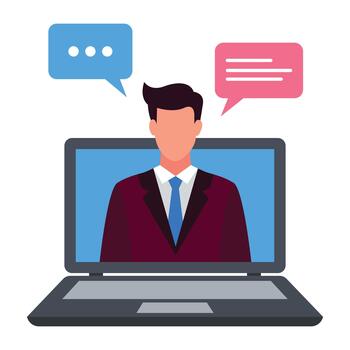 Virtual conference call on laptop screen showing a professional man in a business suit with speech bubbles symbolizing online communication, chat, webinar, and remote work interaction vector