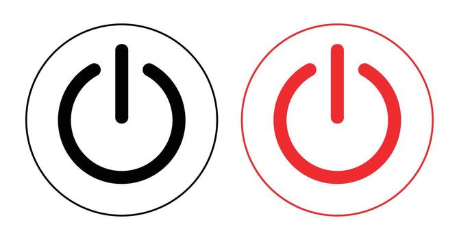 Power on off button icons set with black and red symbols in circular frames, representing universal controls for electronic devices, energy, start, and shutdown functions in modern technology vector
