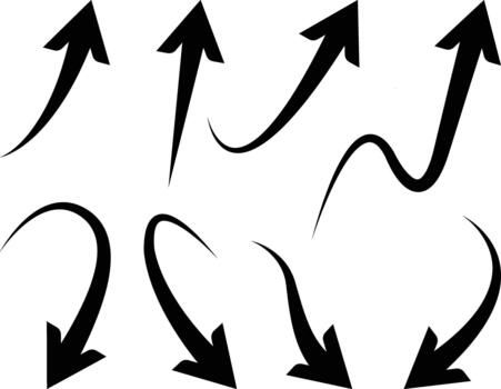 Collection of diverse black arrows pointing in various directions, including curved up, wavy up, and curved down, symbolizing growth, decline, movement, direction, and flow in a clear graphic style vector