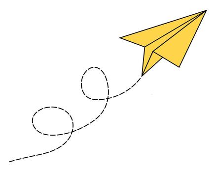 Yellow paper airplane soaring gracefully with a whimsical dashed line flight path, symbolizing freedom, communication, and new ideas, isolated on a clean white background, journey. vector