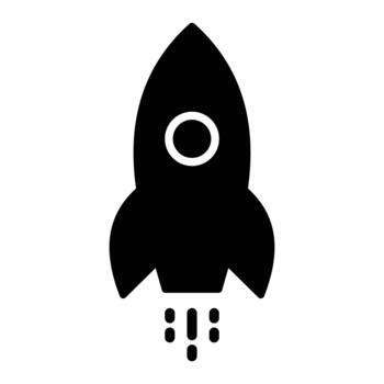 Black rocket icon launching with exhaust dots, symbolizing startup, innovation, growth, speed, success, and space exploration. simple graphic illustration for web and app design. vector