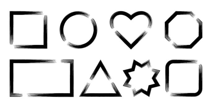Grunge brush stroke frames set with various shapes including square, circle, heart, octagon, rectangle, triangle, star, and rounded square outlines for design elements and borders. vector