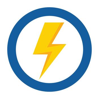 Yellow lightning bolt symbol inside a bold blue circular frame on a clean white background, representing electric power, dynamic energy, rapid speed, quickness, efficiency, and a powerful solution. vector
