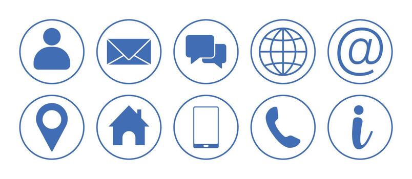 Essential blue contact and communication icons set for website navigation, mobile applications, business cards, and customer support interfaces, isolated on a clean white background vector