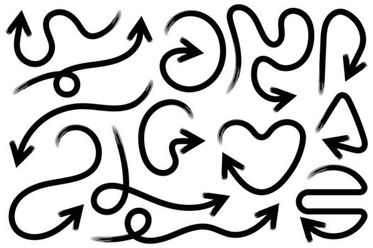 Hand-drawn brush stroke arrow collection with various directional pointers and grunge texture, perfect for navigation, indication, and design elements on a clean background. vector