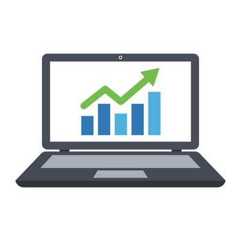 Laptop computer screen illustrating robust business growth through a dynamic bar chart and an upward trending green arrow, symbolizing financial progress, data analysis success, and market performance vector