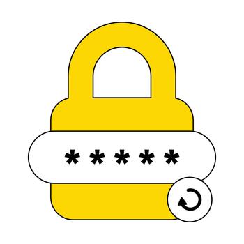Yellow padlock icon with an asterisk password field and a refresh symbol, representing digital security, account protection, online safety, data access and confidential information. vector