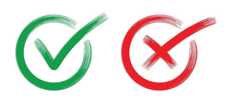 Green checkmark and red cross in hand-drawn brushstroke circles, symbolizing acceptance and rejection, correct and incorrect choices, approval and denial, success and failure on a clean background. vector