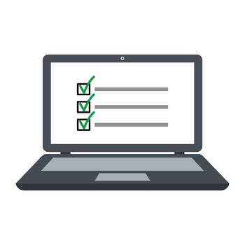Digital laptop screen displaying a completed online checklist with three green checkmarks, representing successful task completion, survey submission, or project progress confirmation in a clear. vector
